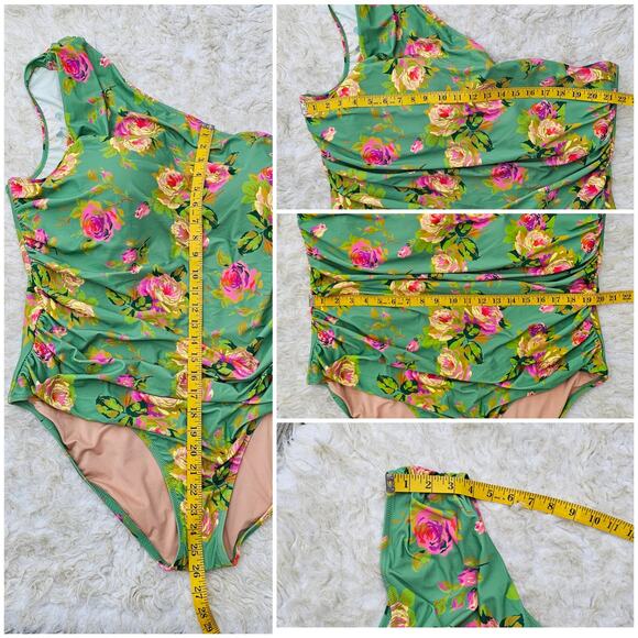 Plus Size JCrew One Shoulder Swimsuit Plus Size 22 Green Pink Floral Print NWT - Picture 8 of 10